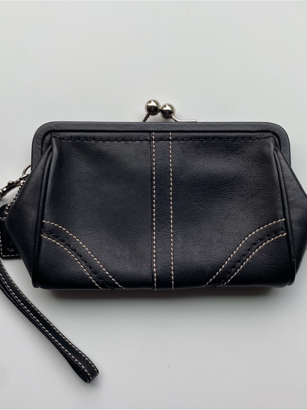 Coach Black Leather Wristlet Clutch with Contrast Stitching